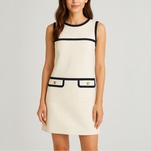 TUCKERNUCK Classic Sleeveless Sheath Off White Mini Dress Navy Trim Size Small